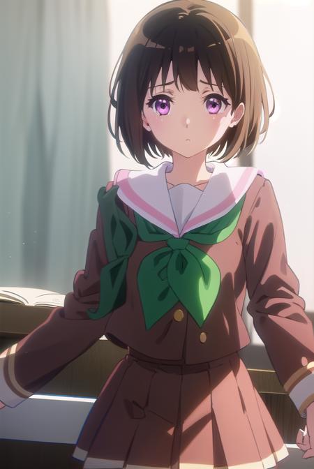 kaorinakaseko, <lora:kaori nakaseko s2-lora-nochekaiser:1>,
kaori nakaseko, short hair, bangs, brown hair, (pink eyes:1.3), mole, mole under eye,
BREAK skirt, shirt, long sleeves, school uniform, pleated skirt, serafuku, neckerchief, (brown skirt:1.2), white sailor collar, (brown shirt:1.2), kitauji high school uniform, (green neckerchief:1.5),
BREAK indoors, classroom,
BREAK looking at viewer, (cowboy shot:1.5),
BREAK <lyco:GoodHands-beta2:1>, (masterpiece:1.2), best quality, high resolution, unity 8k wallpaper, (illustration:0.8), (beautiful detailed eyes:1.6), extremely detailed face, perfect lighting, extremely detailed CG, (perfect hands, perfect anatomy),