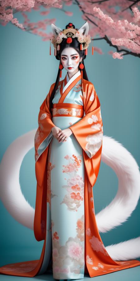 A very coquittish girl, sexy beautiful, big eyes, lancet eyebrows, foxy eyes, wearing gorgeous Hanfu, gorgeous headdress, gorgeous light, in line with the description of the fox goddess Daji in the ancient Chinese myth "The List of Gods". Behind him is an abstract white fox with nine tails (Beijing Opera facial makeup style), a full-body shot that blends tradition and modernity<lora:neg4all_bdsqlsz_xl_V6:1> <lora:Movecolor_Foxgirl_V1.0:0.6>