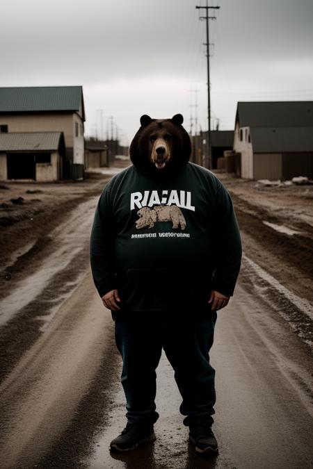 RAW photo, animal, a portrait photo of an obese [man:bear:pig:1] humanoid wearing wasteland clothes, background wasteland suburbs, dark light, moody atmosphere, face, professional, 8k, uhd, dslr, soft lighting, high quality, film grain, Fujifilm XT3
