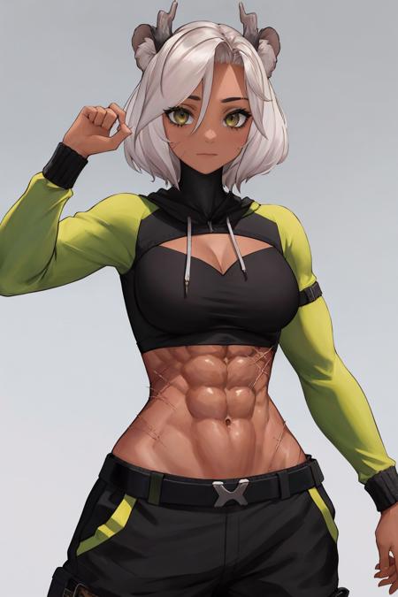 masterpiece, best quality, 1girl, solo, standing, <lora:sansinjin-vtuber-richy-v1-000007:1> sansinjindef, abs, midriff, navel, scar, long sleeves