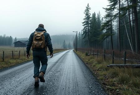 Dayz survivor walking down a road with Namalsk. No text