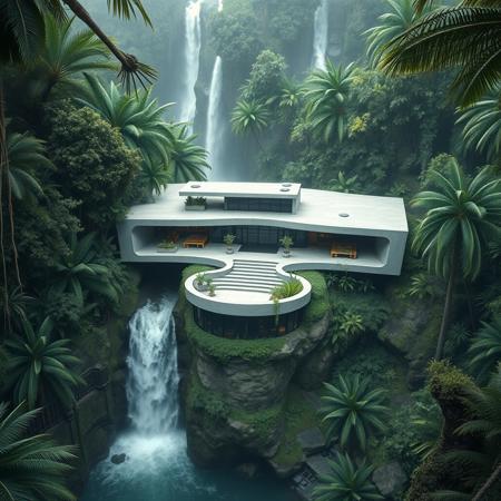 A futuristic concrete modern house on a waterfall inspired from a famous architect, with exotic luxuriant vegetation around, in a tropical jungle setting, photorealistic, a masterpiece, 4K, high details, view from above