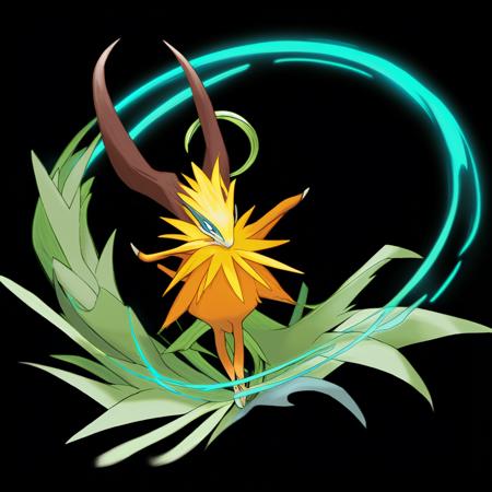 <lora:pokemon_pony_xl:0.6>, Type: Grass, Type: Water Egg Group: Field The animal's snout is adorned with Yellow stripes that wrinkle amusingly when it sniffs the air,Its fur patterns shift and change forming yellow (orange:0.8) symbols that are said to predict Ground events,The animal's stride is graceful, each step a testament to its noble heritage and untamed spirit,The animal's fur ripples with a Gold wave when it moves as if alive with Grass energy,Its presence calms the raging seas, bringing peace to the turbulent waters with its serene gaze,The monster's eyelids are fringed with Cyan lashes that create a dazzling display when it blinks rapidly,Its footprints leave a Blue residue that nourishes the soil, promoting the growth of Dragon plants.,The creature's bark peels off in Bronze strips revealing a new layer that glows under the moonlight,Horns that spiral towards the sky, channeling the energy of the stars and the moon,Its nose is highly elongated, resembling that of a Viscacha, and is incredibly sensitive, score_9, score_8_up, score_7_up, score_6_up, score_5_up, score_4_up.  Simple black background, (Masterpiece:1.3) (best quality:1.2) (high quality:1.1)