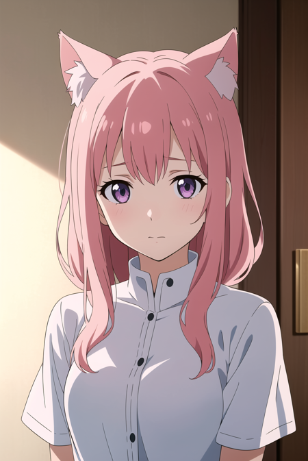 masterpiece, best quality, anime screencap, koe no katachi, (1girl),beautiful detailed eyes, looking at viewer, upper body, pink hair, shy, cat ears