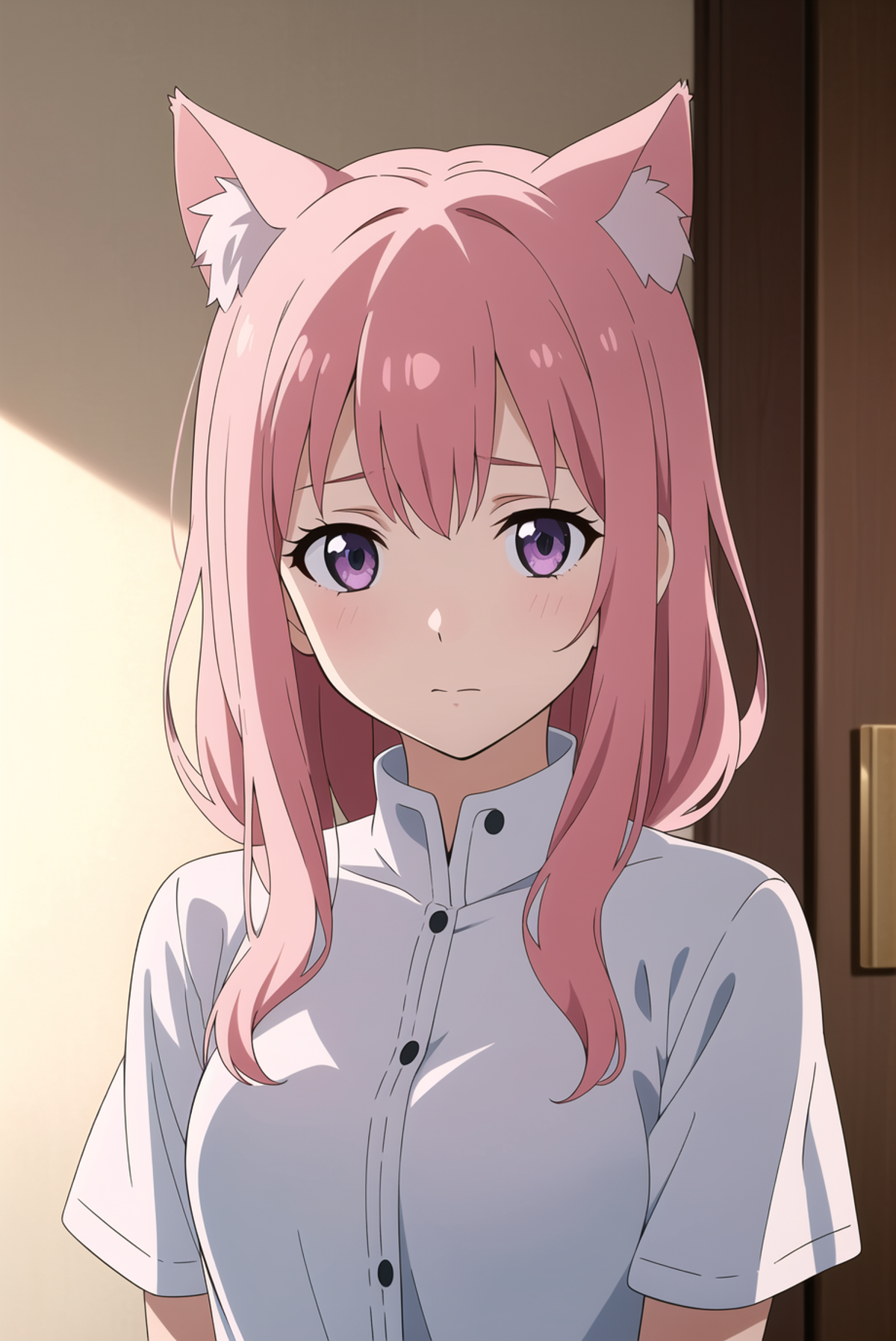 A pink-haired girl wearing a white shirt.
