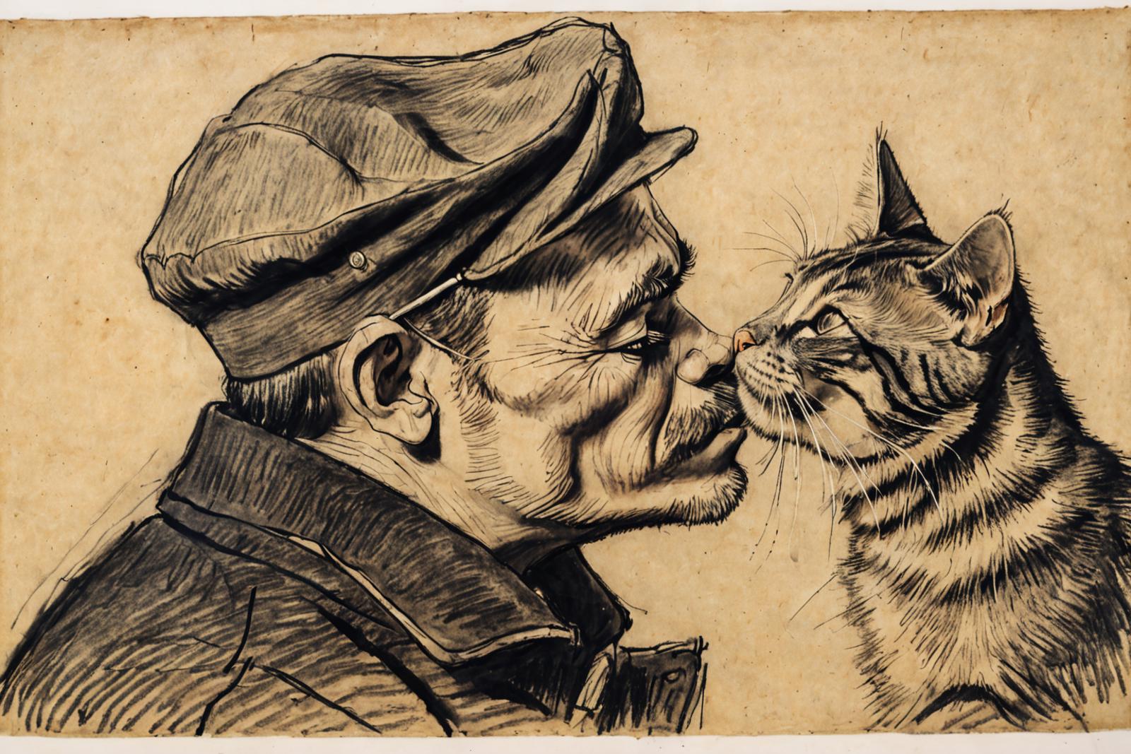 Man and Cat Kissing: A black and white drawing of a man with a hat and a cat sharing a tender moment.