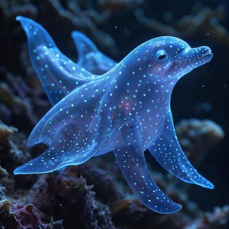 score_9, score_8_up, score_8, Masterpiece, High Details, HD, 8K, Photorealistic, perfect, High Quality, A flying fairy made of bioluminescent organisms with the face of a dolphin. Within a magic World