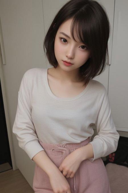 29 yo girl, Korean beauty, short hair, brunette, close-up, girl next door, baggy clothes, night, interior,