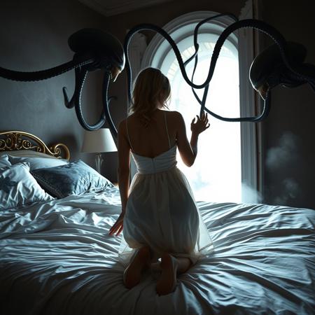 Beautiful lady kneeling in the bed,  pulled by alien long tentacles emerged from the portal  from her bedroom  bed toward portal in the wall,   opened  to alien spacesip chamber  by alien tentacles, struggling  to break free. Fog streaming from the portal. Horrible  space aliens looking to her. Rich white  transparent satin nightgown, elegant high heels, weird foil pillows, view from behind,