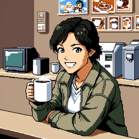 (pixelated,style of pc-98:1.1),1girl,sitting behind cafe counter, <lora:TalianaAnimagineXL:0.7>,Taliana,jacket,shirt,smiling,holding mug of hot coffee