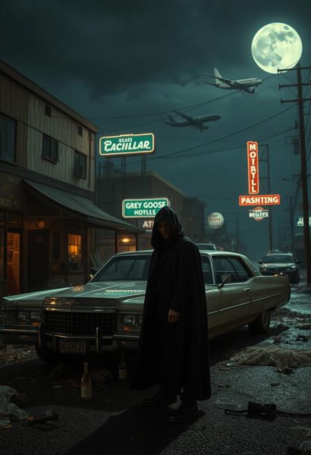 In a torn-up town with no postcode envy, a lone figure stands in the shadows, embodying the rebellion against opulence. The scene is drenched in muted, melancholic tones, where the contrast between decay and luxury is stark. Behind the figure, remnants of a once-glamorous life are scattered—gold teeth, Grey Goose bottles, and tattered ball gowns, all strewn across a dilapidated street. The moonlight reflects off a trashed hotel room visible in the background, where broken mirrors and shattered chandeliers hint at a life of excess now in ruins.
The figure, draped in a dark cloak, stands beside a Cadillac, its polished surface contrasting with the surrounding decay, representing dreams that resist the reality of their surroundings. Neon signs flicker in the distance, casting a cold light on the scene, as jet planes roar overhead, reminding the figure of the life that doesn’t belong to them.
The mood is one of defiance and quiet determination. The figure’s gaze is fixed on a distant horizon, where a new kind of royalty—one not defined by material wealth—is waiting to emerge. The air is thick with the scent of rebellion, as the figure prepares to step into a different kind of world, where dreams are the only currency that matters.