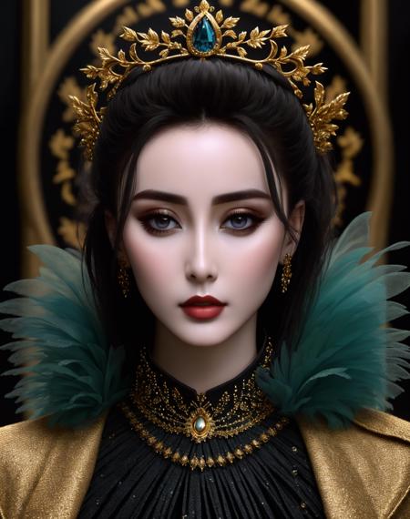 <lora:HP_Balenciaga:0.6>,  BalenciagaStyle, 

Masterpiece, high quality, 8K, beautiful design,((eyes brimming with life)), shiny, from the front, award winning photo, extremely detailed, amazing, fine detail, absurdres, highly detailed woman, extremely detailed eyes and face, by lee jeffries nikon d850 film stock photograph 4 kodak portra 400 camera f1.6 lens rich colors hyper realistic lifelike texture dramatic lighting unrealengine trending on artstation cinestill 800 tungsten, solo, 1girl, fanbingbing, a woman in a black dress and a gold jacket, covered in blue feathers , wearing fanbingbing fashion, <lora:FanFashion:0.825>

, character  dressed in BalenciagaStyle