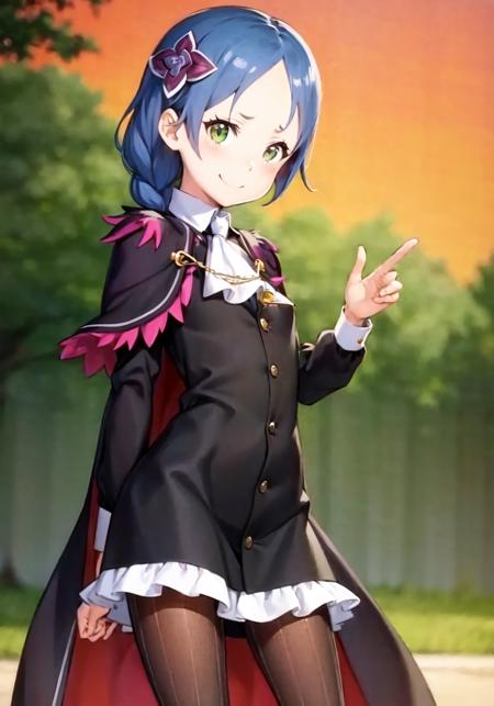 a masterpiece illustration of (Meili20s:1.0) standing, 1girl, solo, best quality, meili portroute from re\:zero kara hajimeru isekai seikatsu, official art, game cg, realistic, detailed, ultra-detailed, solo, solo focus, 1girl, braid, ascot, (single braid), cape, capelet, dress, tight, (black dress), solo focus, hair ornament, her hair ornament is a purple four petaled flower, blue hair, long hair, (striped pantyhose, ), pantyhose, striped, striped legwear, green eyes, embarrassed, looking at viewer, lying, frills, frilled dress, frilled skirt, frilled sleeves, [fur trim], (nose, ), long sleeves, red lined cape, five fingers, detailed hands, skinny, tall female, flat chest, [[small breasts]],(buttons:0.5), jewelry, necklace, pendant, tearing up, (3d:0.8), tsurime, smile, cute,