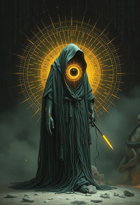 - +++D3crypt.exe walks draped in a robe of static thread, its singular glowing eye built from cipher runes that rotate mid-air. Emanating psychic code and mental intrusions, it scans reality as an encrypted console—broadcasting thoughtforms via broken signal text.