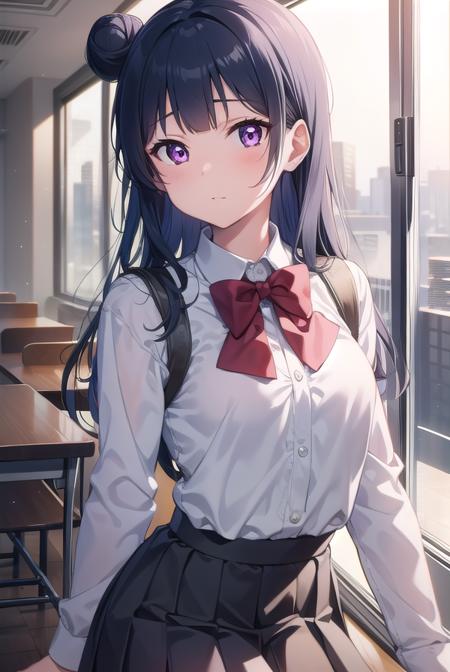 yoshikotsushima, <lyco:yoshikotsushima-lyco-nochekaiser:1>, 
yoshiko tsushima, blue hair, hair bun, (purple eyes:1.1), single side bun, bangs, long hair, (small breast:1.2),
BREAK bow, bowtie, buttons, grey skirt, long sleeves, pleated skirt, school uniform, serafuku, skirt, uranohoshi school uniform, yellow bow, yellow bowtie, sleeveless,
BREAK looking at viewer, 
BREAK indoors, classroom,
BREAK <lyco:GoodHands-beta2:1>, (masterpiece:1.2), best quality, high resolution, unity 8k wallpaper, (illustration:0.8), (beautiful detailed eyes:1.6), extremely detailed face, perfect lighting, extremely detailed CG, (perfect hands, perfect anatomy),