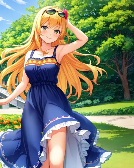 solo, 1girl, Masterpiece, 4K, superb quality, analog style, woman wearing a long blue summer dress,orange flower pattern,green embroidery, sunglasses,long blonde hair, looking at viewer,seductive smile,  glossy skin, babe, bimbo, full body shot, walking in a park, picture taken by a sony camera from below , <lora:Summer_Dress:0.8>,