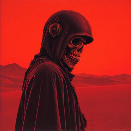 Dark art Side view of an cloaked ominous monk from the 70s-style pulp paintings drinking from the tubes on a beer helmet he is wearing while standing in a mysterious red desert, The sky is red and otherworldy. The monks grinning skeletal face is barely visible. Duotone: Burnt orange and deep plum. Mood: Occult ritual meets 80's crinkled concert poster art style. Grim reaper, doom metal-style, gritty, desert ritual, tales from the crypt
