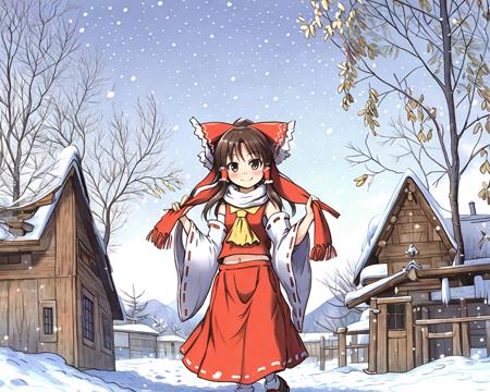 masterpiece, best quality, highly detailed, sut, full body, (1girl, solo, hakurei reimu:1.4), happy, smiling, (scarf), winter, snow, sunny day <lora:suteev_v3-000012:1>