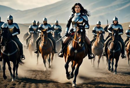 safe_pos, Realistic cinematic film still. Medium shot. 
masterpiece, best quality, intricate detailed, photorealistic, (((full body shot))), absurd res, Cavalry skirmish in the year 1600. Focus on the subject is a young woman with fair skin, short wavy black hair, and piercing blue eyes. ((((One beautiful woman))), with black hair, wavy black hair, bob cut hair, large breasts, atletic build, muscular, ("Vampirella", "Princess Peaches", "Lara Croft")) riding a horse, (((tall woman, tall height))), dressed in miliary cavalry uniform XVIth century, steel breast plate, conquistador helmet