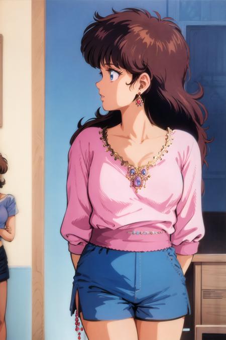 1980s \(style\), 1girl, arms behind back, blue eyes, brown hair, collarbone, earrings, jewelry, long hair, profile, retro artstyle, shirt, shorts, solo <lora:80sv1:0.6>