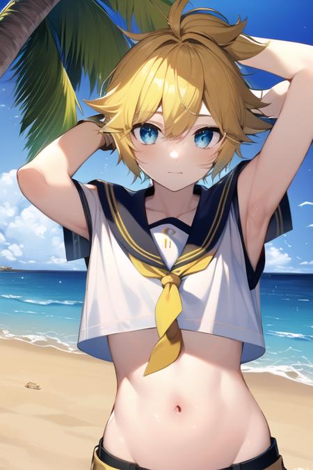 masterpiece, best quality, <lora:KagamineLenV1:0.7>, 1boy, sailor_collar, white shirt, Kagamine_Len, yellow hair, (8k:0.7), (detailed Background of a beach:0.7), palm tree, sand. exposed belly button