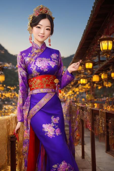 Masterpiece, highest quality, 8k, hdr, (head to toe:1.4), RAW digital establishing shot of a stunning young chinese woman standing proudly, well-endowed ,smiling mysteriously at viewer, expensive traditional clothes, hair adornments, discrete jewelry, imperial city, intricate details, at dusk, lighting from lanterns and sunset coming from outside the frame, realistic lighting, dynamic colors from lighting, hyperrealistic