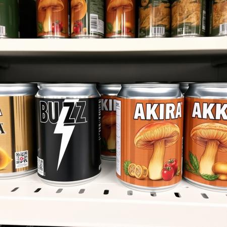 A shelf with food cans on it. One can is labeled "BUZZ" and has a picture of a lightning bolt on it. The rest are labeled "AKIRA" with pictures of mushrooms on them.