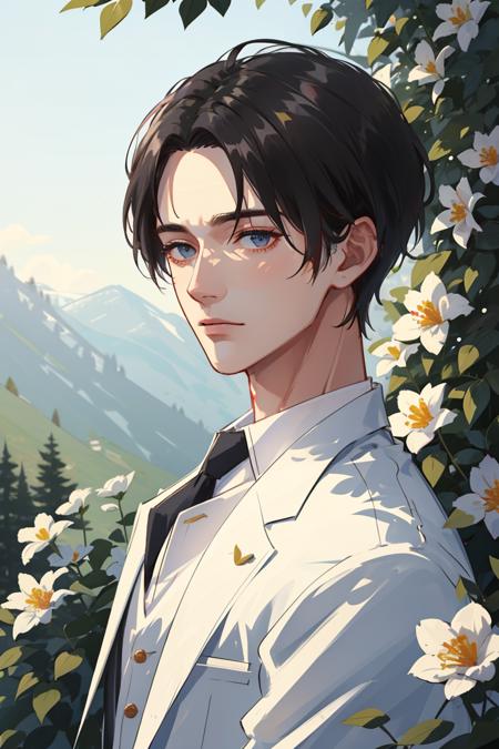 ((masterpiece:1.2, best quality)), 1man, adult, mature, handsome, very short hair, forehead, white suit, Forest, flowers blooming, glowing, Sunlight, best light and shadow, Scenery, extremely detailed face, portrait, (muscle:1.4, broad shoulders:1.4), Close up, front, look straight ahead