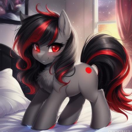 feral pony, portrait, ((bedroom)), ((socks)) (masterpiece), (raytracing), (cinematic lighting), triadic lighting, High Definition, light particles, (shading), ((((smooth dark gray fur)))), red glowing clear eyes ((shiny fur pony body)), (((glowing clear red eyes))), ((pony)), ((long wavy black hair)), ((four hooves)) female, mare, {my little pony}, blush ((black tail)), (((cute))), (((pony))), ((sexy)) ((small red highlights)) (((pony))), ((sexy)), ((clear eye's)), ((red eye colour)), ((dark grey fur colour)), fluffy:1, (masterpiece, best quality:1.1), fragrant, colourful, idyllic, whimsical, by Russolo Rossdraws Kinkade, (((cute)))