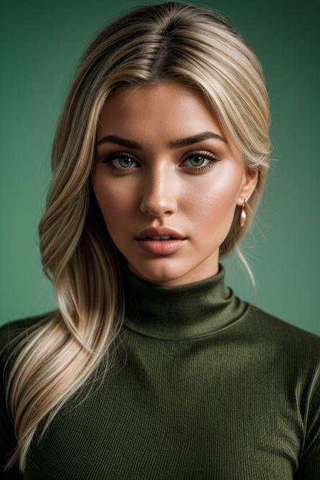 photo of fit (m1kayladem:0.99), a beautiful woman, perfect blonde hair, (modern photo), (Sage Green  long sleeve top), ((marbled Kelly Greenbackground:1.1)), 85mm, (analog, cinematic, film grain:1.3), detailed eyes, (epicPhoto), (looking at viewer), (cinematic shot:1.3), PA7_Portrait-HL_v2