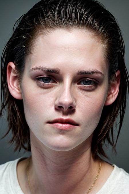(CR-Kv1st1nStewart-slgmoon:0.99), full color portrait of woman, (oiled shiny skin:1.0), (face closeup:1), slick undercut hair,
masterpiece, best quality, sharp focus, 8k highres, ultra-detailed, rim light, (grey background:1.0),