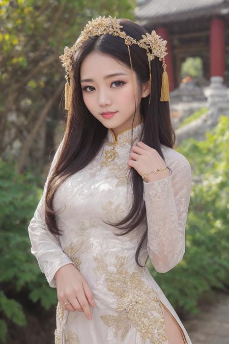 1girl,masterpiece,best quality,ao dai,head ornament,shiny oild skin,deep slit dress,long sleeve,outdoor,upper body,queen,Vietnam palace,temple,
<lora:Ao_dai_dong_Lao:0.4>  <lora:erika:0.3>