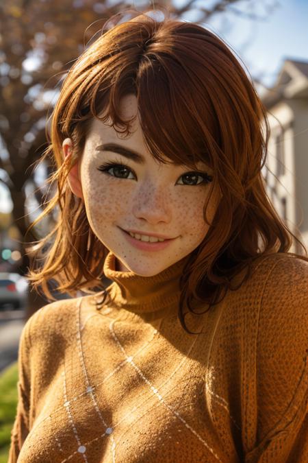 portrait, head shot, modelshoot style, looking at viewer, eye contact, SabLynn, 1girl, freckles, parted lips, grin, smiling, medium breasts, yellow turtle neck sweater, detailed eyes, warm volumetric lighting, masterpiece, best quality <lora:sabrina_lynn_v1:1>