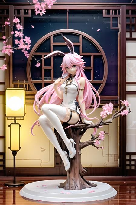 garage kit, 1girl, yae sakura, animal ears, pink hair, solo, fox ears, dress, long hair, chinese clothes, china dress, cherry blossoms, full body, night, sitting, looking at viewer, bangs, branch, night sky, petals, sky, holding, bare shoulders, breasts, thighhighs, white dress, white footwear, purple eyes, white thighhighs, sleeveless dress, white gloves, sleeveless, hair between eyes, lattice, closed mouth, gloves, hand fan, holding fan, high heels, flower, window, smile, moon, indoors,
best quality, high quality, <lora:garage_kit-000014:0.65>,