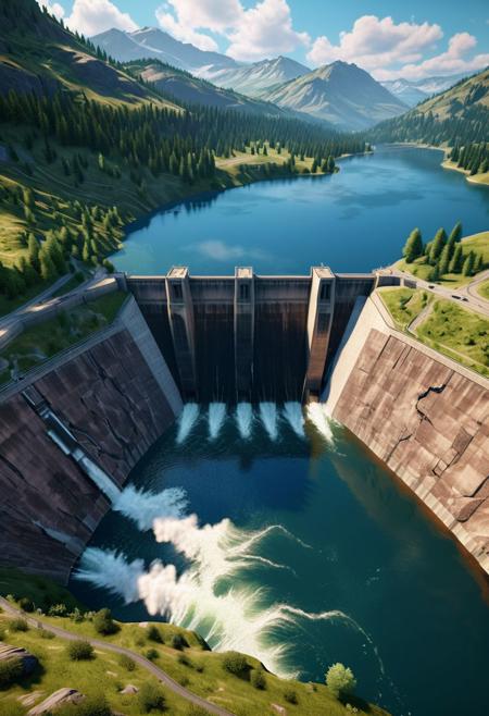 extremely detailed, landscape of a dam, lake ,in ravine, sunny weather, some cloud, unreal engine 5, perfect composition, vibrant, rtx, hbao, sharp, expanded view, dam view, pnw