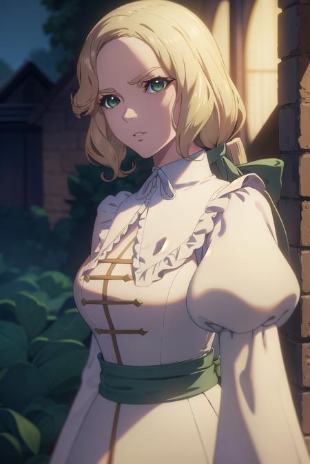 castlevaniamaria, long hair, blonde hair, (green eyes:1.5), hair bow, bow, green bow, low ponytail, long sleeves, dress, puffy sleeves, pink dress, sash, green sash, collar, white collar,