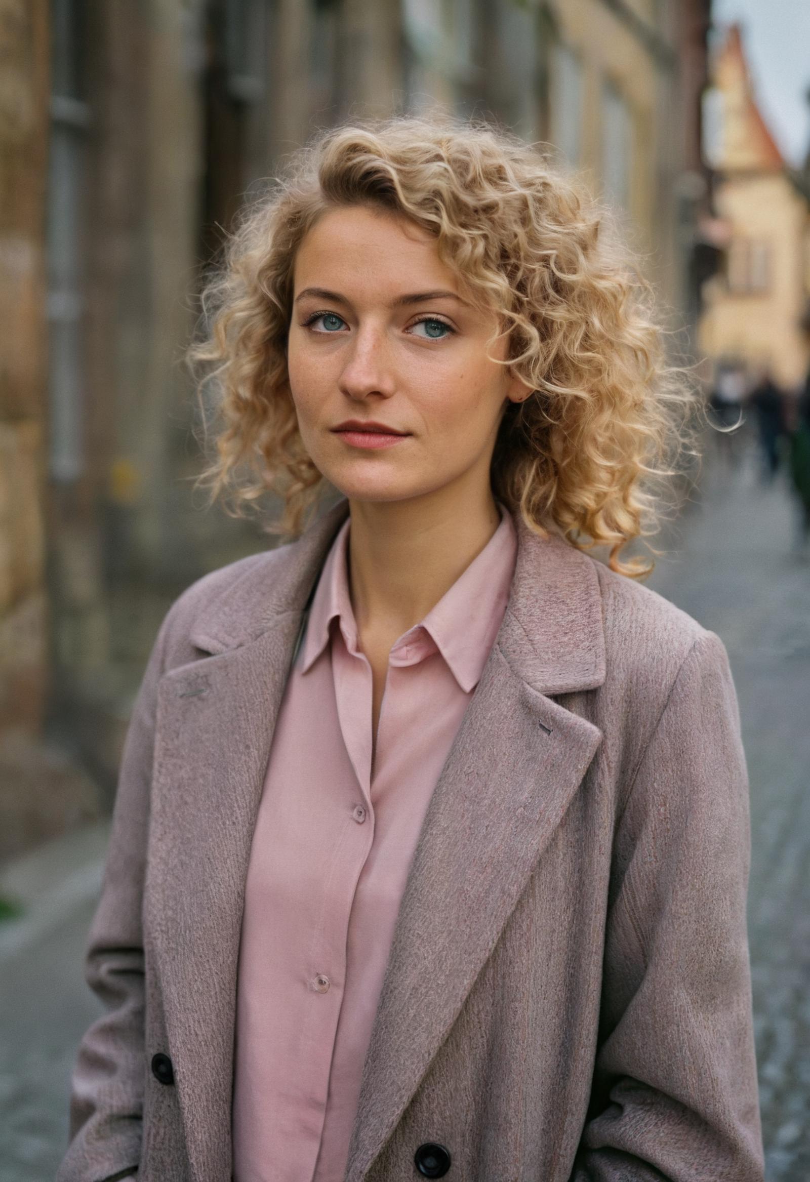 A woman with curly hair wearing a pink shirt and jacket.