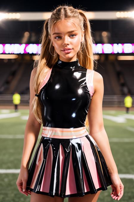 DV_Ducky_Vicious, (21 years old) , (skinny, slim, petite:1.3), long blonde twintail hair, smiling, modern photo, (pleated latex skirt, sleeveless, latex skirt, sleeveless latex shirt, (skintight pink and black latex cheerleader dress)), shiny, slippery, rubbery, oily, glossy, skintight, <lora:Cheerleader_uniform:0.5>, <lora:anotherlatexlorav2:0.5>, (cowboy shot:1.3), (35mm, F/2.8) Photo Focus, DOF, Aperture, insanely detailed and intricate, character, hypermaximalist, beautiful, revealing, appealing, attractive, amative, hyper realistic, super detailed, beautiful woman, ((detailed eyes)), long eyelashes, (glossy lips), at the football field