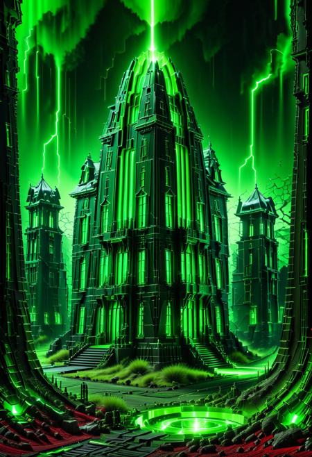 Necron, electricity, green glow, green theme, (red:1.3), high detail, mansion, scenery, no people, outdoors.