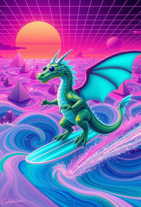 A surreal scene featuring a Quantum-Pickle Dragonsurfer, a dragon with slick, green, semi-translucent skin resembling pickles, balancing effortlessly on a glowing quantum energy surfboard. The surfboard emits trails of neon pink and cyan light, warping space-time around it with rippling, kaleidoscopic effects. The dragon wears retro-futuristic shades, a neon headband, and a billowing vaporwave-patterned cape. The background is a swirling ocean of liquid rainbows, punctuated by floating geometric shapes and glowing pyramids. Above, a gridline sunset in vibrant magentas and oranges radiates retro-futuristic vibes. The atmosphere is absurd and dreamlike, with bright, high-contrast colors and a playful, surreal tone. Style is vivid vaporwave surrealism, blending clean geometric lines with organic absurdity.