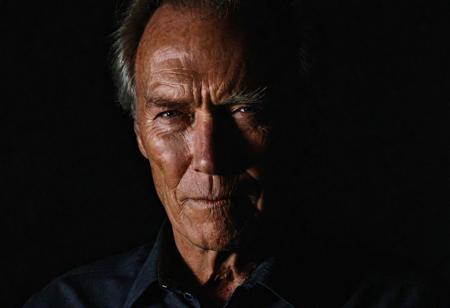 Close-up, (clint eastwood), grim smile, relaxed pose, portrait movie shot, serious, menacing, chiaroscuro style photo, dark background, minimalism, dramatic lighting, professional quality, dull highlights and shadows, natural and   original, laser eyes