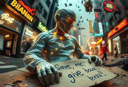 “Plastic Man morphing into a report, blending human and document features with intricate high-technology details. His body exhibits glossy, translucent plastic textures merging seamlessly with the crumpled, paper-like surface of the report, complete with printed text and digital data flowing through the pages. Random, glowing, fancy spots illuminate the scene, resembling futuristic bio-luminescence. A rotten piece of cardboard lies in the foreground, damp and crumpled, with bold, messy handwriting that reads: ‘Save me, give me buzz!’ The background is a chaotic, shifting mix of surreal abstract elements—an urban street corner, glowing neon signs, and floating mechanical parts—creating a random, futuristic landscape. Rendered with cinematic prime lens effects, using a fisheye 12mm perspective for dramatic distortion and dynamic depth, showcasing surrealism with stunning visual clarity.”