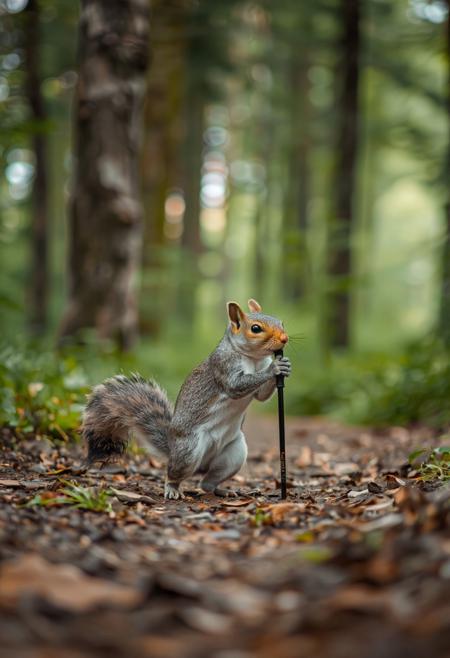 A grey squirrel hiking with a hiking pole on a beautiful forest trail