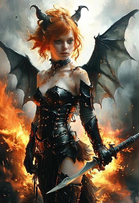 watercolor, dramatic, Greg Simkins style, beautiful demon girl, action pose, skinny body, bat wings, pixie style, pretty face, dedicated face, ginger hair, little horns, freckles, fire around, chocker, long metal gloves, armor, glowing sword in the hand, firestorm, advntr, style of Andreas Achenbach