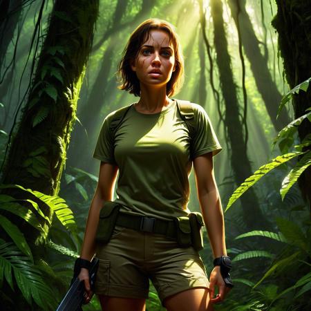 A closeup image of a  young beautiful woman in a rain forest with her face being illuminated by rays of sunlight streaming through small openings in the foliage above her. She is wearing only a tight sweat filled t-shirt,  khaki shorts and military boots, while wielding a machete to cut through the underbrush of the forest.