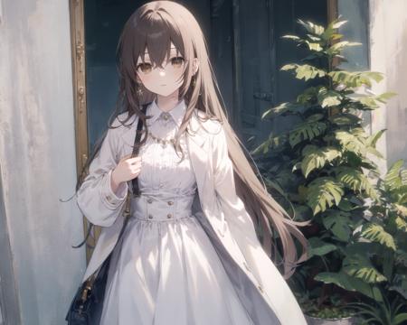 (masterpiece, best quality),long hair, brown hair, plant, looking at viewer, brown eyes, bag, white coat, long sleeves, indoors, holding, bangs, coat, solo focus, dress, standing,, white dress, 1girl, jewelry, earrings, hair between eyes, open clothes