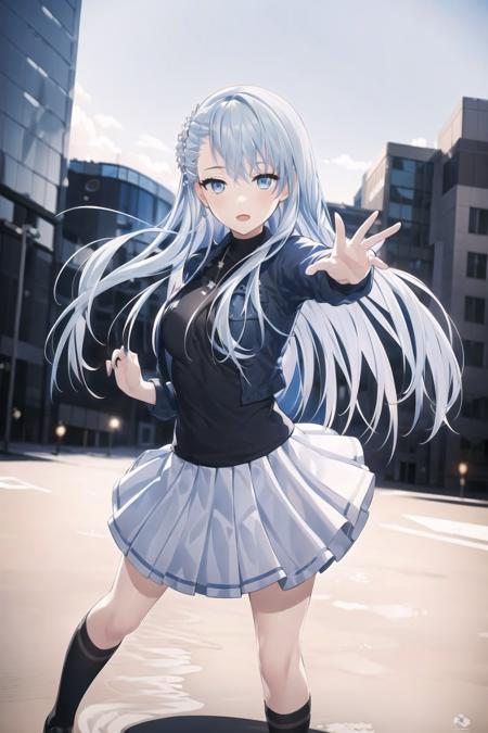 (best quality:1.1),(masterpiece:1.1),(illustration:1.1),(official art:1.1), look at cammera, front view,
city background, beautiful day sky,
1girl, solo focus, blue_hair, long hair, detailed blue eyes, full body, standing ,dynamic pose, white skirt, black sock, black shoes,
(suzuna:1.2), <lora:suzuna:0.8>,