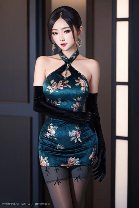 1girl,solo,perfect face,look at viewer,standing，
 elbow gloves, pantyhose, black gloves, chinese clothes,ewelry, earrings,  bare shoulders, china dress,  blue dress, 
masterpiece,best quality,highly detailed,