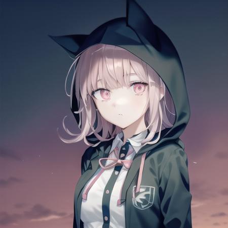 <lora:ChiakiDGv2:0.6>, Nanami Chiaki, collared shirt, eyebrows visible_through hair, flipped hair, hood, jacket, medium hair, pink eyes, pink ribbon, shirt, solo, simple background, 1girl, standing, from front, Sky, (((hood down))), full body,