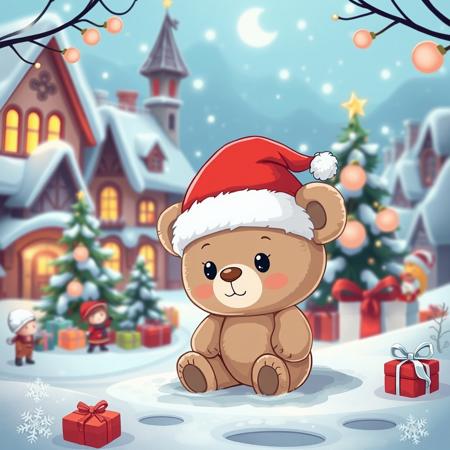 pinkchibihalloween,A small teddy bear a santa hat, in a magical winter town. The background features Santa claus town, with mini elfs and magical creatures around. A Christmas tree and gifts are present in the background. Magical and cozy atmosphere.